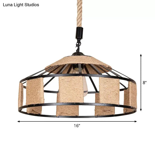 Iron Barn Pendant Light Fixture - Rustic Single-Bulb Ceiling Lamp With Roped Design In Brown Ideal