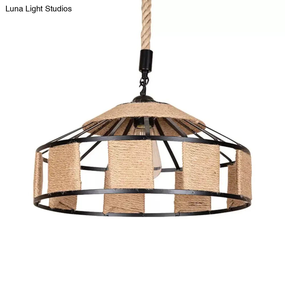 Iron Barn Pendant Light Fixture - Rustic Single-Bulb Ceiling Lamp With Roped Design In Brown Ideal