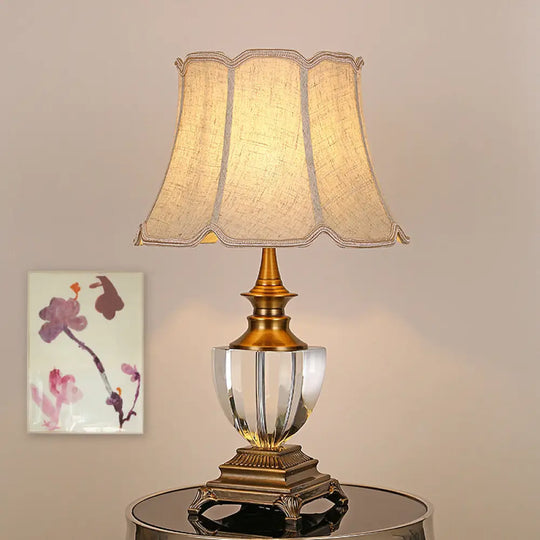 Rural Beige Fabric Nightstand Table With Crystal Accent And Bell Shaped Night Light