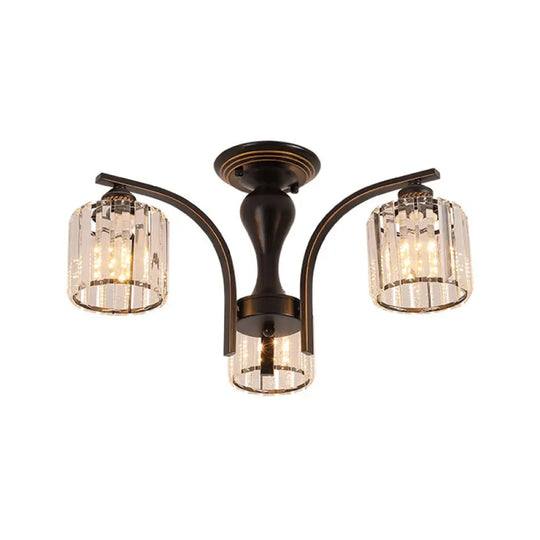 Rural Black/Gold Cylinder Ceiling Light With Crystal Accents For Dining Room 3 / Black Clear