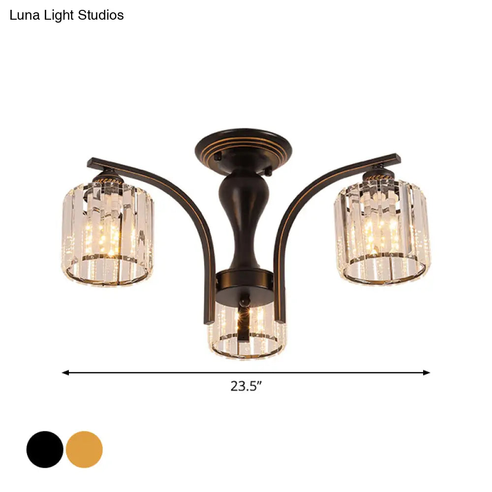 Rural Black/Gold Cylinder Ceiling Light With Crystal Accents For Dining Room