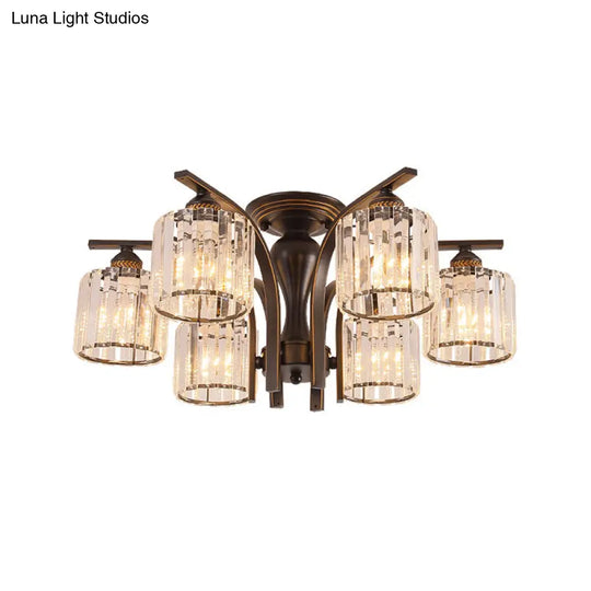 Rural Black/Gold Cylinder Ceiling Light With Crystal Accents For Dining Room