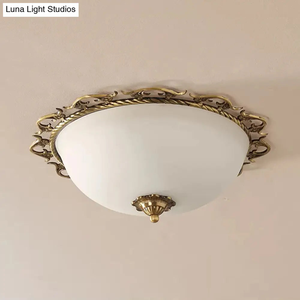 Rural Brass Flush Mount Ceiling Lamp With Frosted White Glass - 3/5 Bulbs Half - Globe Design
