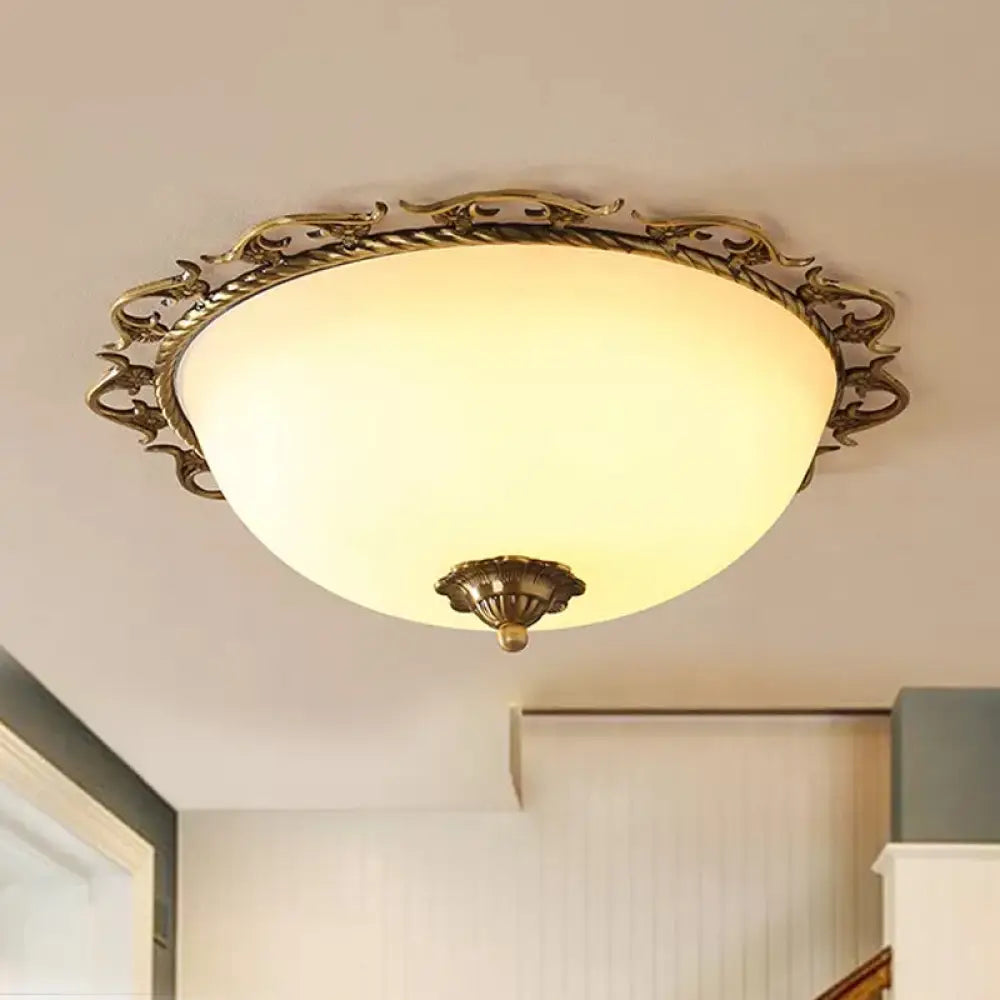 Rural Brass Flush Mount Ceiling Lamp With Frosted White Glass - 3/5 Bulbs Half - Globe Design 3 /