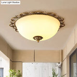 Rural Brass Flush Mount Ceiling Lamp With Frosted White Glass - 3/5 Bulbs Half - Globe Design