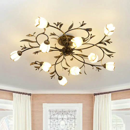 Rural Cream Glass 4/8/12-Light Bedroom Chandelier - Antique Brass Ceiling Mounted 10 /