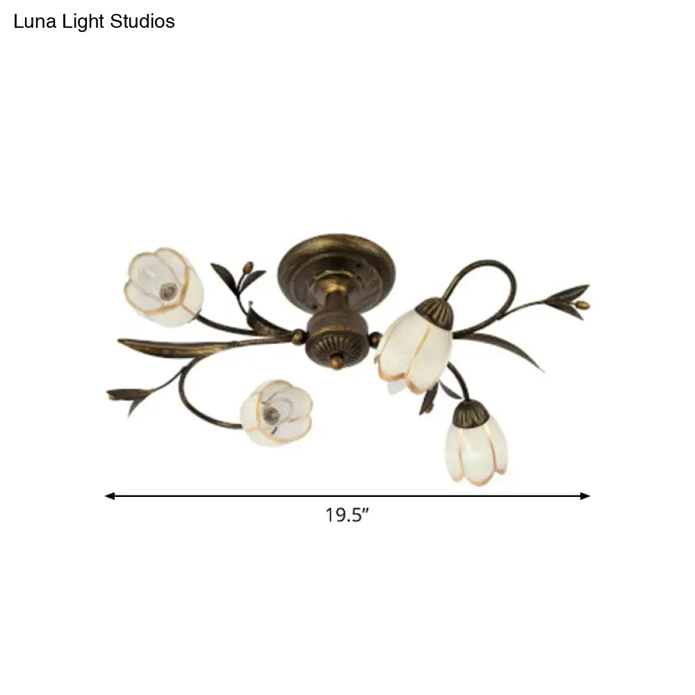 Rural Cream Glass 4/8/12-Light Bedroom Chandelier - Antique Brass Ceiling Mounted