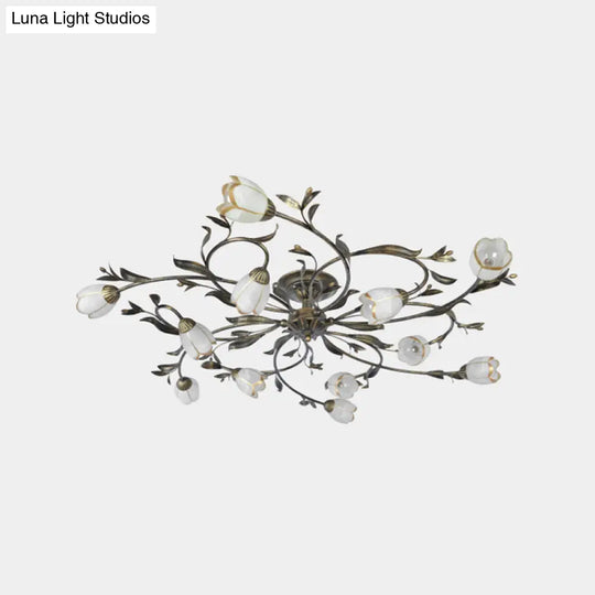 Rural Cream Glass 4/8/12-Light Bedroom Chandelier - Antique Brass Ceiling Mounted