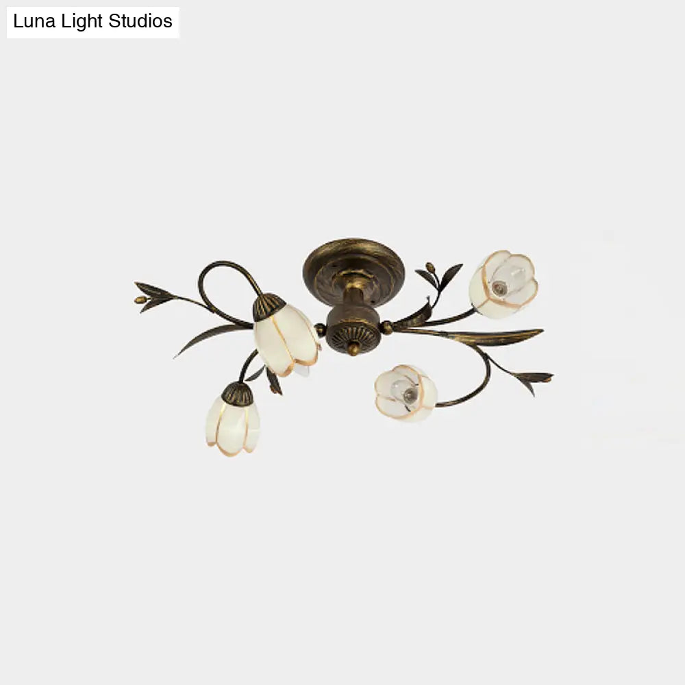 Rural Cream Glass 4/8/12-Light Bedroom Chandelier - Antique Brass Ceiling Mounted