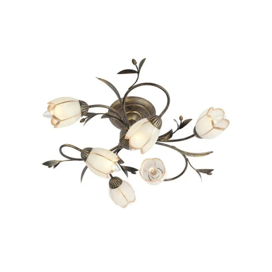 Rural Cream Glass 4/8/12-Light Bedroom Chandelier - Antique Brass Ceiling Mounted 6 /