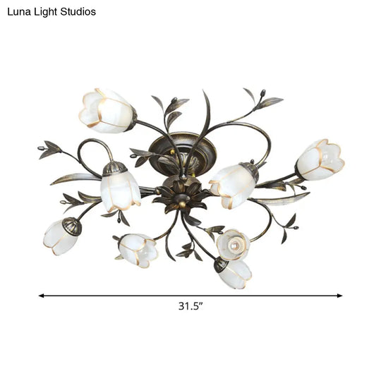 Rural Cream Glass 4/8/12-Light Bedroom Chandelier - Antique Brass Ceiling Mounted