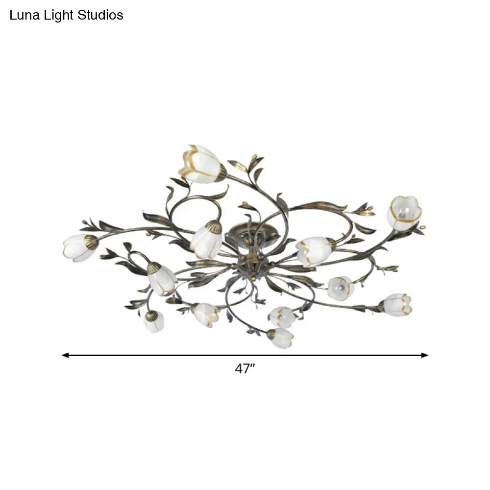 Rural Cream Glass 4/8/12-Light Bedroom Chandelier - Antique Brass Ceiling Mounted