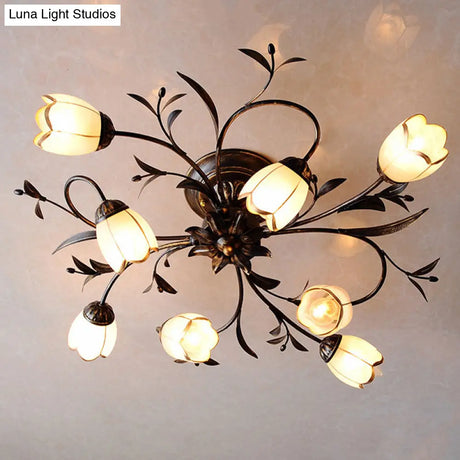 Rural Cream Glass 4/8/12-Light Bedroom Chandelier - Antique Brass Ceiling Mounted