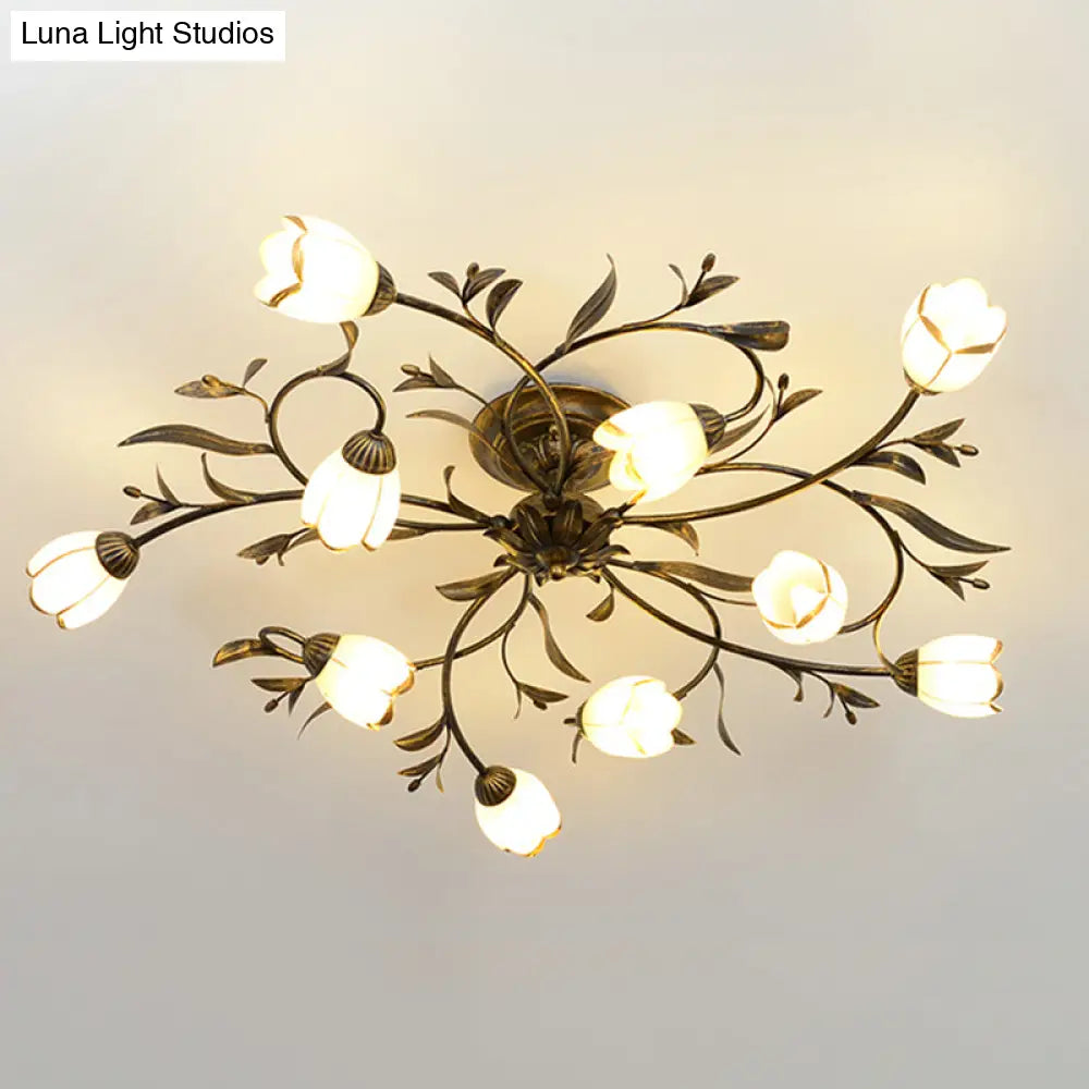 Rural Cream Glass 4/8/12-Light Bedroom Chandelier - Antique Brass Ceiling Mounted