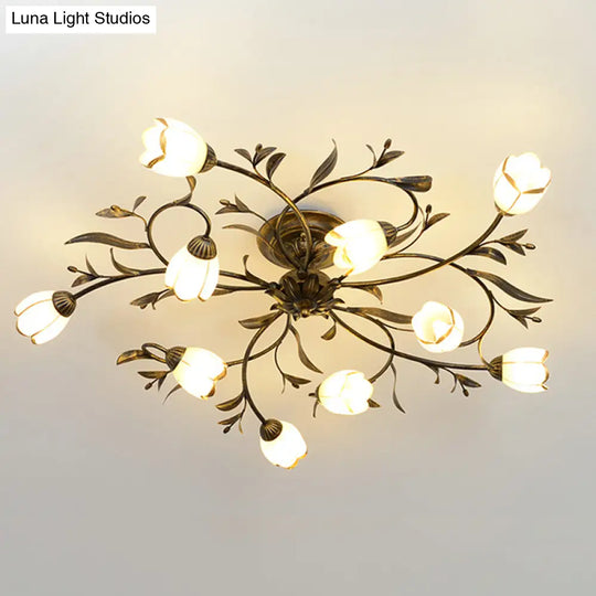 Rural Cream Glass 4/8/12-Light Bedroom Chandelier - Antique Brass Ceiling Mounted