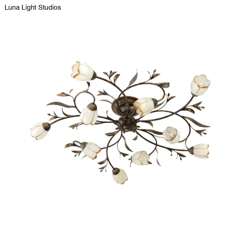 Rural Cream Glass 4/8/12-Light Bedroom Chandelier - Antique Brass Ceiling Mounted