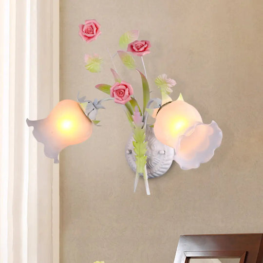 Rural Floral Sconce With 2 Opal Glass Lights And Bloom Deco In Green/White/Pink White-Green