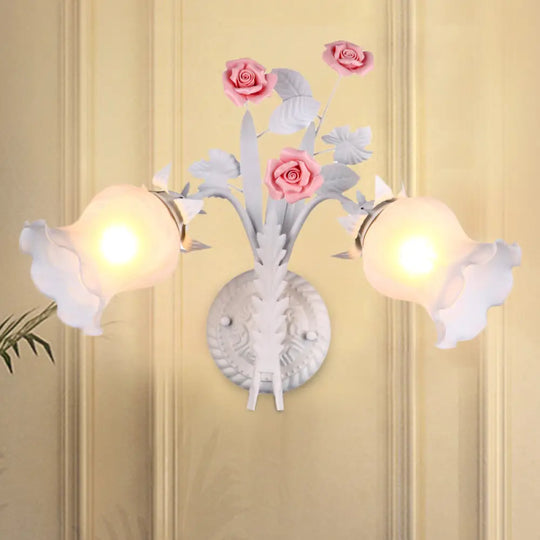 Rural Floral Sconce With 2 Opal Glass Lights And Bloom Deco In Green/White/Pink White