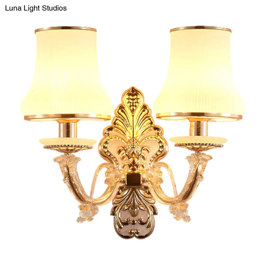 Rural Gold Glass Wall Sconce Light With Crystal Ball Droplet - 2 Heads Tapered Design
