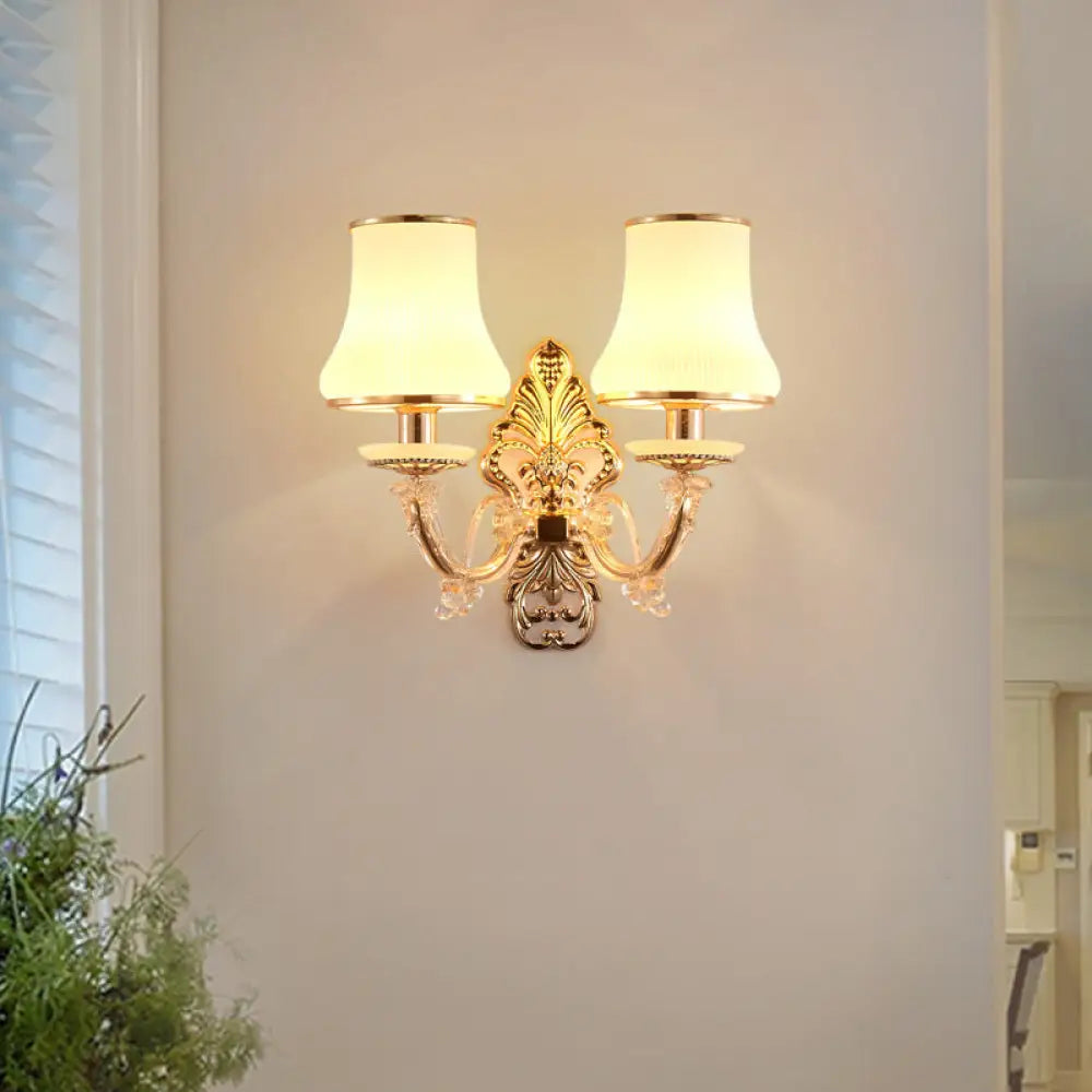 Rural Gold Glass Wall Sconce Light With Crystal Ball Droplet - 2 Heads Tapered Design