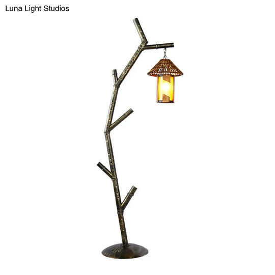 Rural Metallic 1-Bulb Black Tree Design Floor Lamp With Crystal Shade - Perfect For Coffee Shops