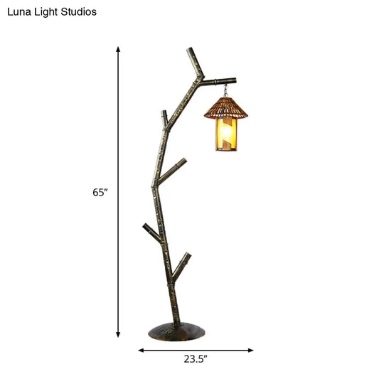 Rural Metallic 1-Bulb Black Tree Design Floor Lamp With Crystal Shade - Perfect For Coffee Shops