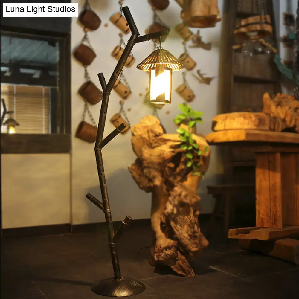 Rural Metallic 1-Bulb Black Tree Design Floor Lamp With Crystal Shade - Perfect For Coffee Shops