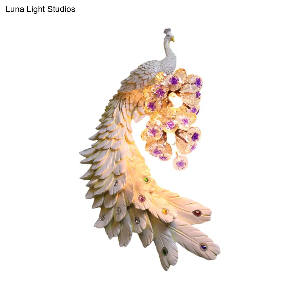 Rural Resin Peacock Wall Mounted Lamp: 2-Light White/Green/Gold Lighting With Floral Crystal Ball