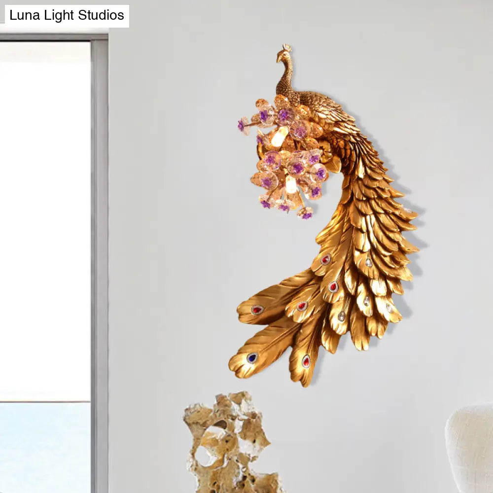 Rural Resin Peacock Wall Mounted Lamp: 2-Light White/Green/Gold Lighting With Floral Crystal Ball