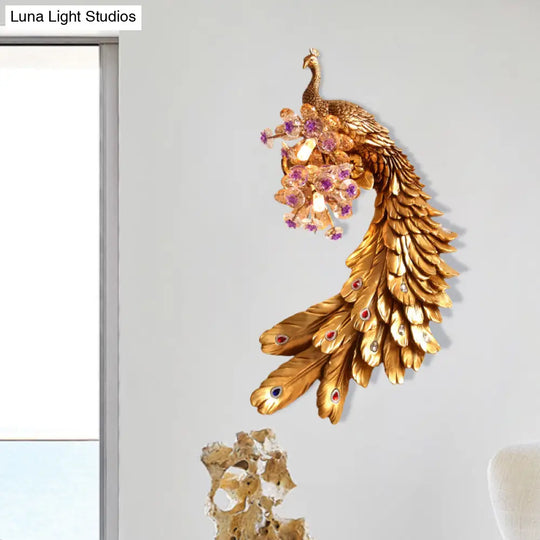 Rural Resin Peacock Wall Mounted Lamp: 2-Light White/Green/Gold Lighting With Floral Crystal Ball