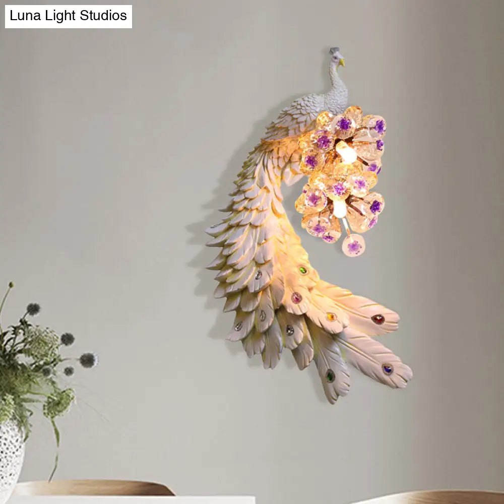 Rural Resin Peacock Wall Mounted Lamp: 2-Light White/Green/Gold Lighting With Floral Crystal Ball