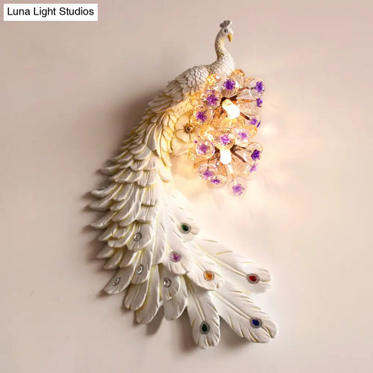 Rural Resin Peacock Wall Mounted Lamp: 2-Light White/Green/Gold Lighting With Floral Crystal Ball