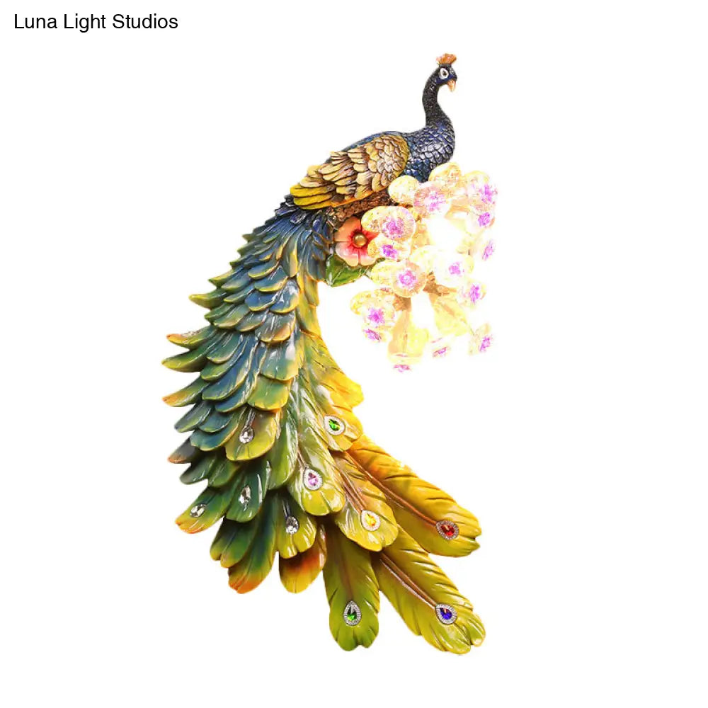 Rural Resin Peacock Wall Mounted Lamp: 2-Light White/Green/Gold Lighting With Floral Crystal Ball