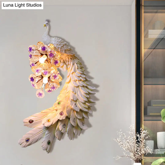 Rural Resin Peacock Wall Mounted Lamp: 2-Light White/Green/Gold Lighting With Floral Crystal Ball