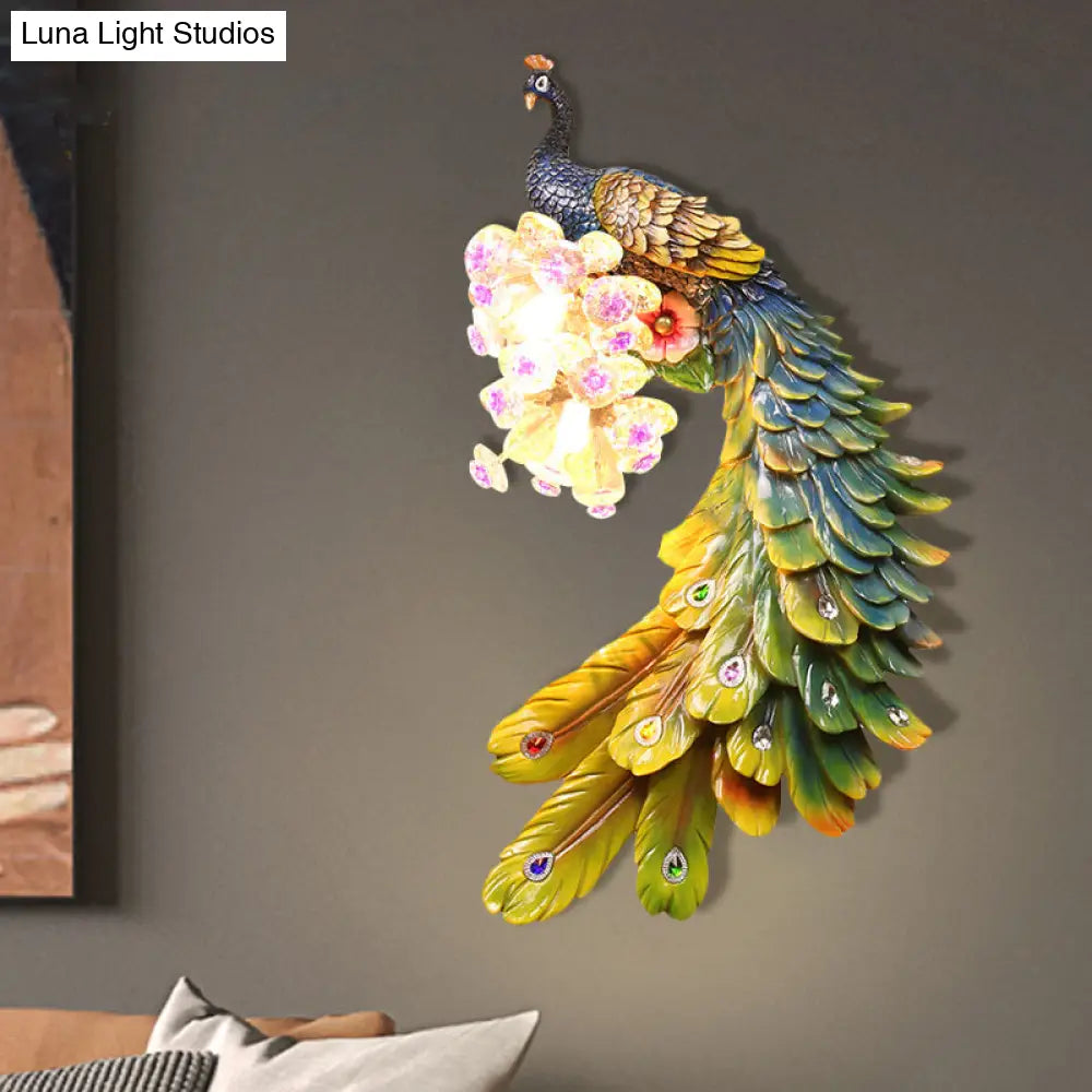 Rural Resin Peacock Wall Mounted Lamp: 2-Light White/Green/Gold Lighting With Floral Crystal Ball