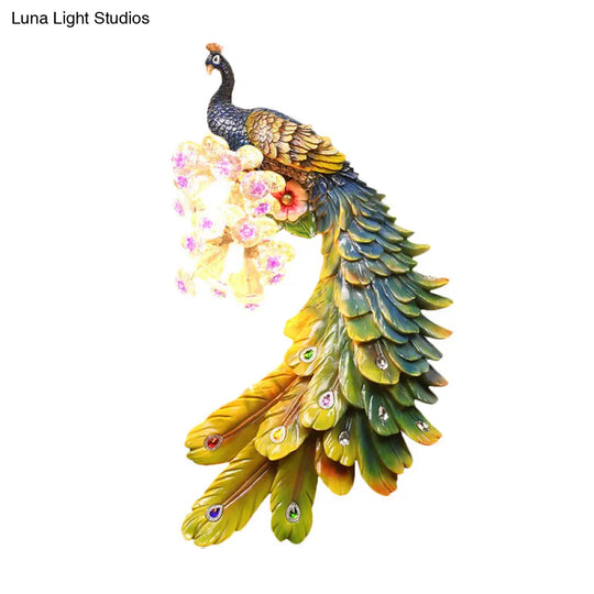 Rural Resin Peacock Wall Mounted Lamp: 2-Light White/Green/Gold Lighting With Floral Crystal Ball