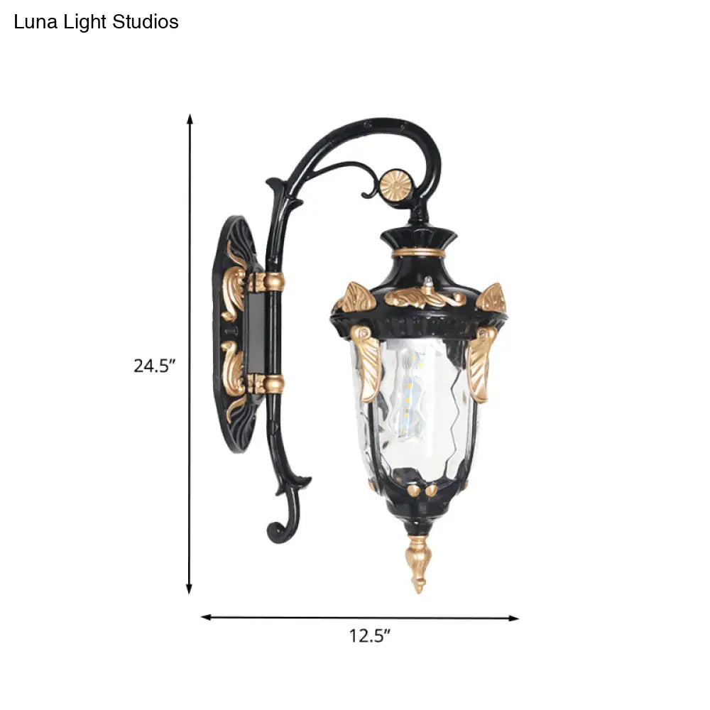 Rural Single Light Clear Glass Wall Sconce - Outdoor Urn Fixture In Black And Gold