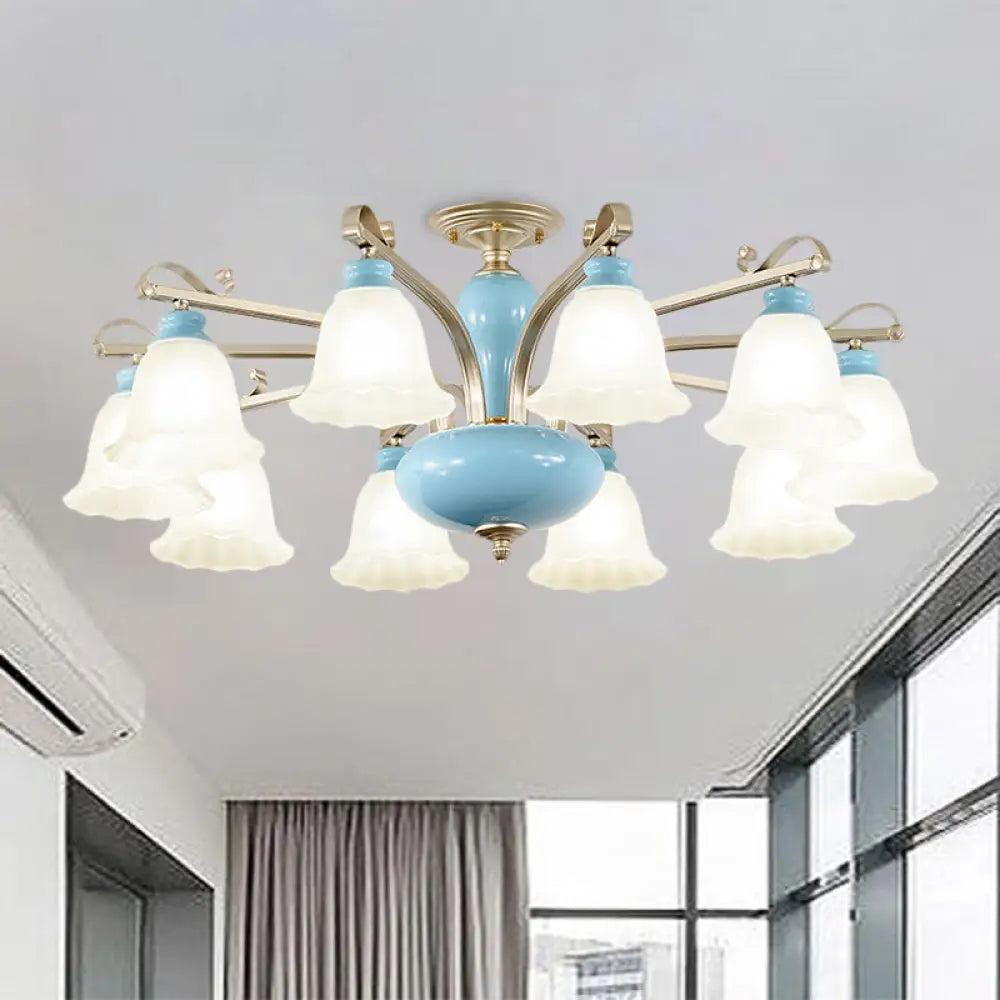 Rural Style Blue Chandelier With Cream Glass Blossom Shaped Pendant Light - 3/6/8 Bulbs 10 /