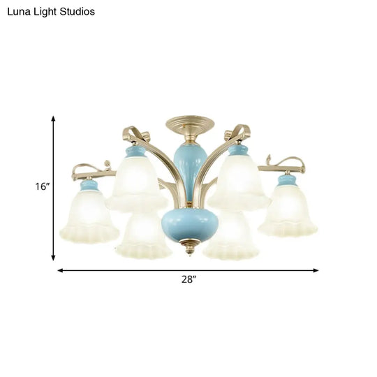 Rural Style Cream Glass Blossom Chandelier Lighting With Blue 3/6/8 Bulbs - Pendant Light