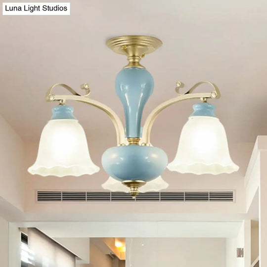 Rural Style Cream Glass Blossom Chandelier Lighting With Blue 3/6/8 Bulbs - Pendant Light