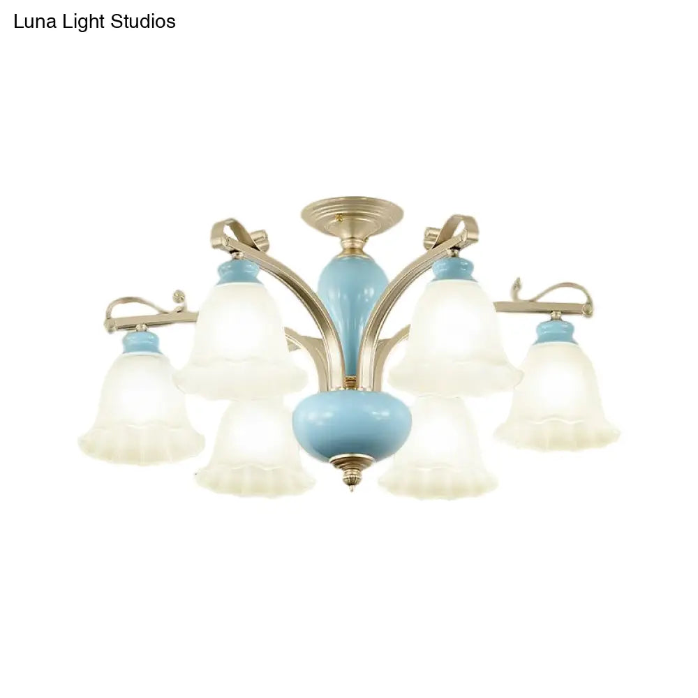 Rural Style Blue Chandelier With Cream Glass Blossom Shaped Pendant Light - 3/6/8 Bulbs