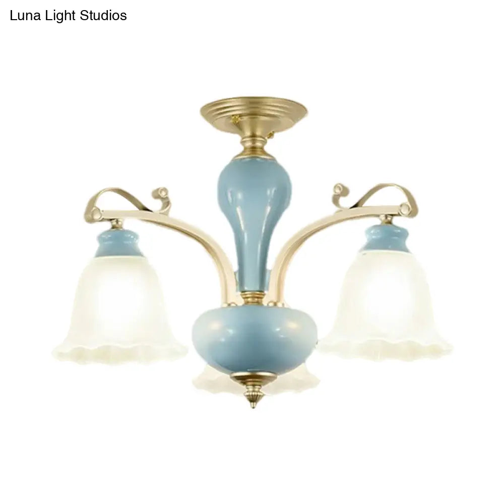 Rural Style Blue Chandelier With Cream Glass Blossom Shaped Pendant Light - 3/6/8 Bulbs