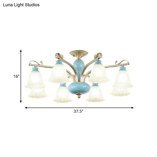 Rural Style Blue Chandelier With Cream Glass Blossom Shaped Pendant Light - 3/6/8 Bulbs