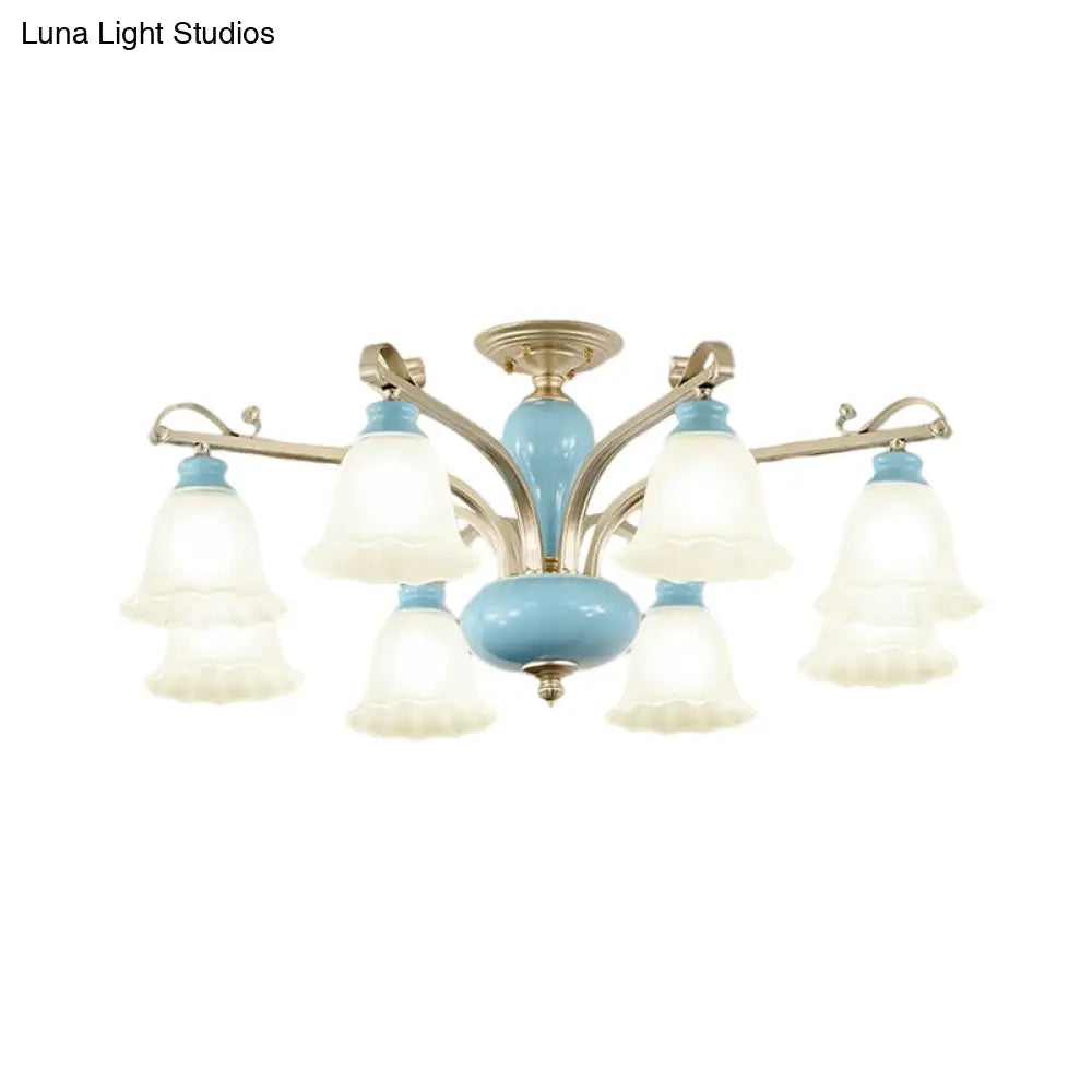 Rural Style Blue Chandelier With Cream Glass Blossom Shaped Pendant Light - 3/6/8 Bulbs