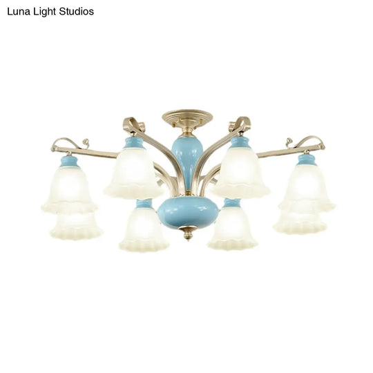 Rural Style Blue Chandelier With Cream Glass Blossom Shaped Pendant Light - 3/6/8 Bulbs