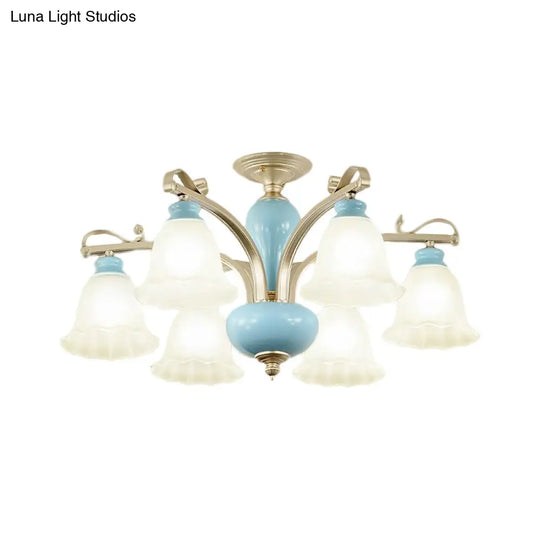 Rural Style Cream Glass Blossom Chandelier Lighting With Blue 3/6/8 Bulbs - Pendant Light