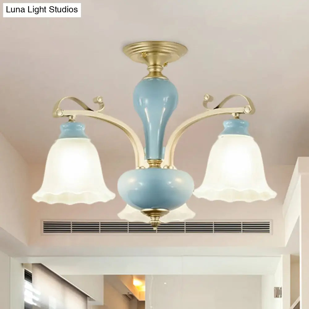 Rural Style Blue Chandelier With Cream Glass Blossom Shaped Pendant Light - 3/6/8 Bulbs