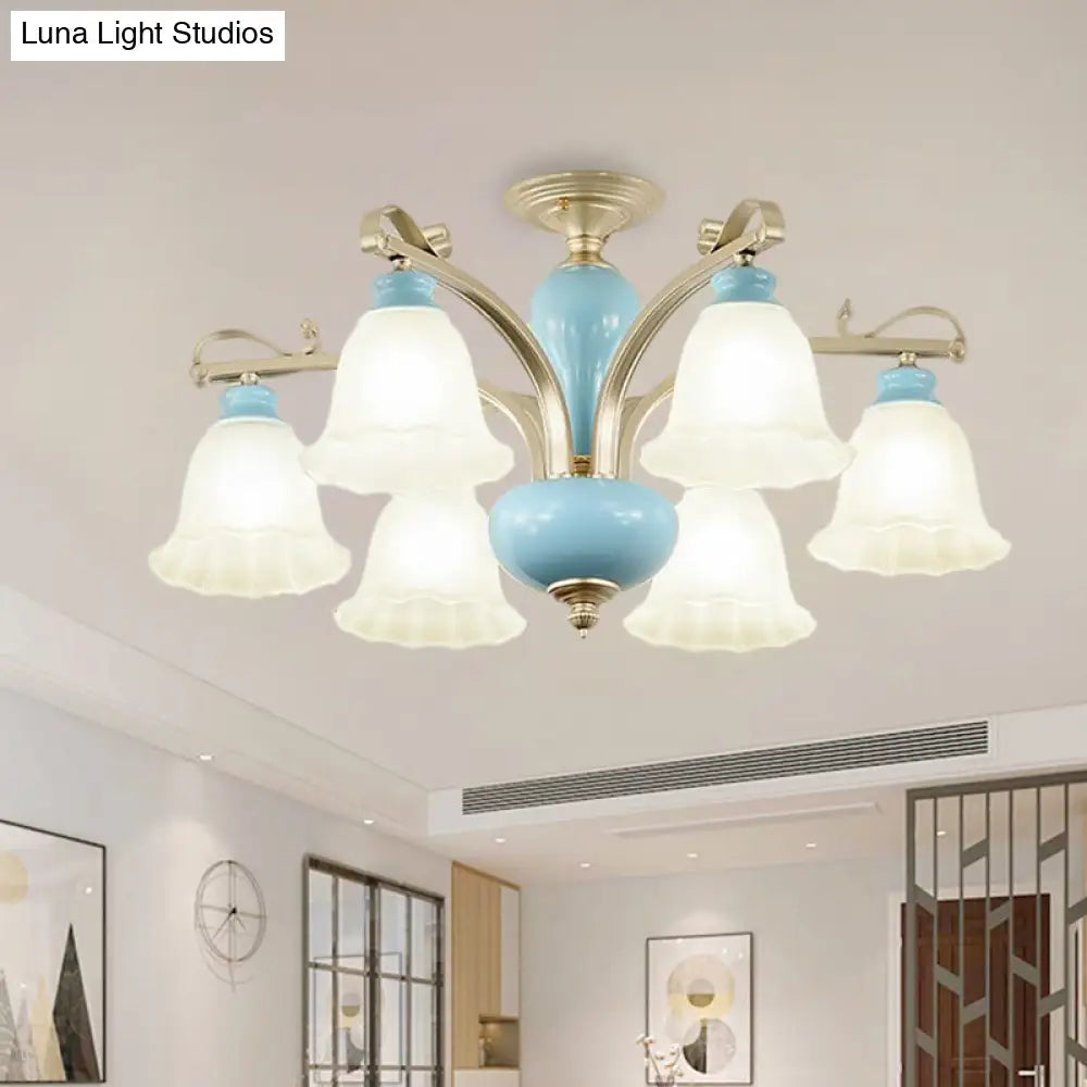 Rural Style Cream Glass Blossom Chandelier Lighting With Blue 3/6/8 Bulbs - Pendant Light