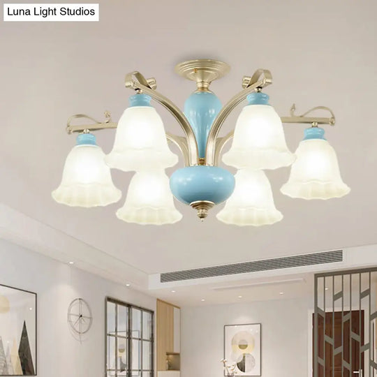 Rural Style Cream Glass Blossom Chandelier Lighting With Blue 3/6/8 Bulbs - Pendant Light