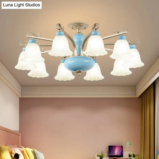 Rural Style Cream Glass Blossom Chandelier Lighting With Blue 3/6/8 Bulbs - Pendant Light